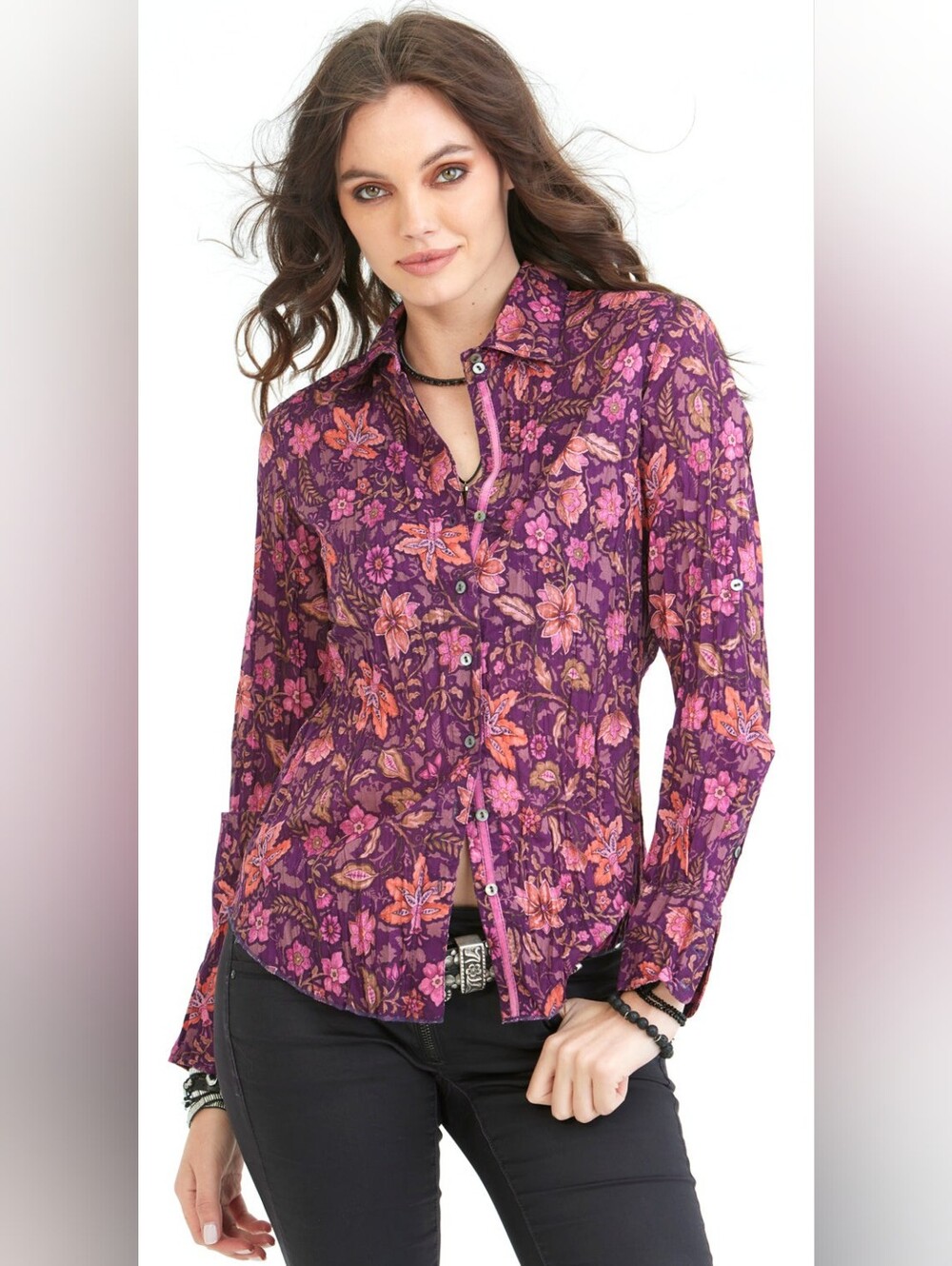 Cino Trinidad Top Purple Floral Button-Down Shirt Long Sleeve Blouse XS